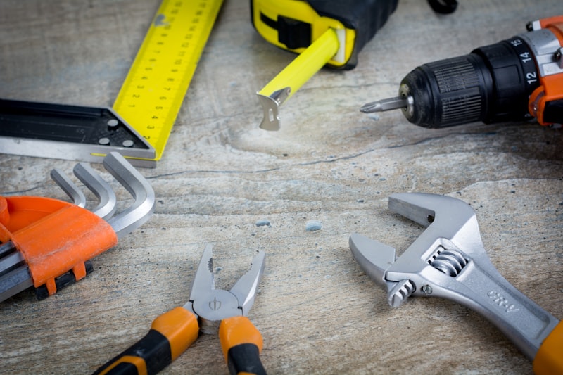 Construction tools on a work surface